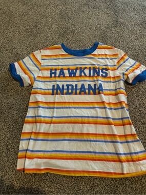 Hawkins Indiana Striped Short Sleeve Tee - Blue, Yellow & Orange